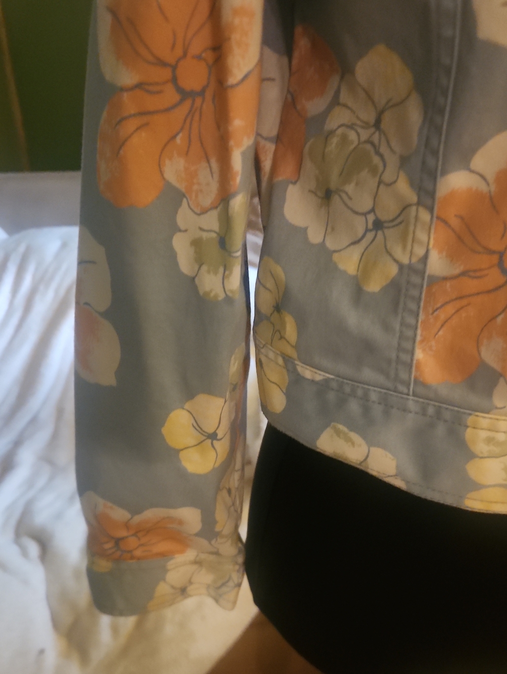 Liz Claiborne Floral Cropped Jean Jacket - Gray with Yellow & Orange Blooms - Picture 3 of 3
